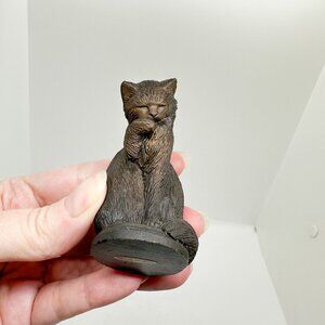 Franklin Mint Cat Kitten Cast Bronze Heavy Cleaning Persian Figurine